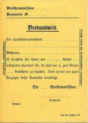 Nachweiskarte für die Ausgabe von Brotkarten (blanko)