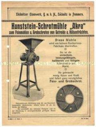 Kunststein-Schrotmühle zum Feinmahlen u. Grobschroten von Getreide u. Hülsenfrüchten.