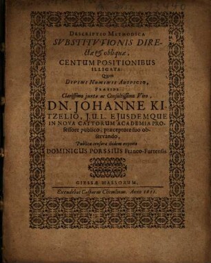 Descriptio Methodica Substitutionis Directae & obliquae, Centum Positionibus Illigata