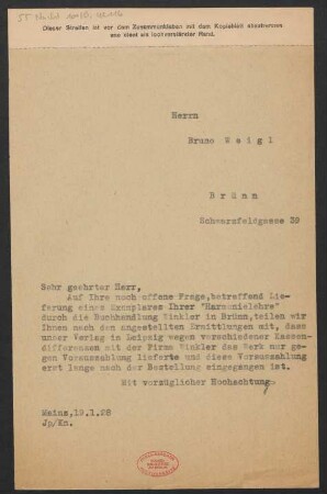 Brief an Bruno Weigl : 19.01.1928