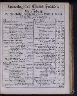 Genealogischer Staats-Calender, Oder Verzeichniß Der Itzt-lebenden Höchst- und Hohen Häuser in Europa ...