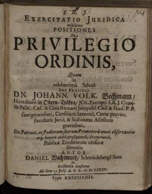 Exercitatio Iuridica exhibens Positiones De Privilegio Ordinis