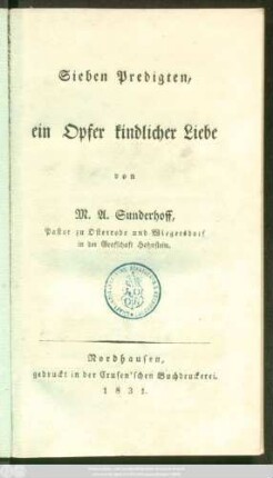 Sieben Predigten, ein Opfer kindlicher Liebe