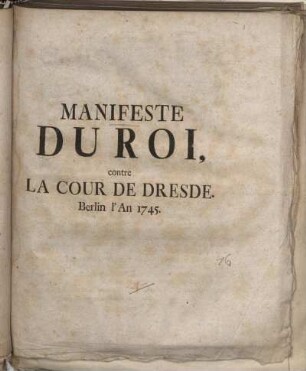 Manifeste Du Roi, contre La Cour De Dresde