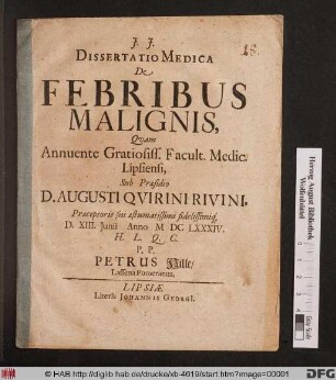 Dissertatio Medica De Febribus Malignis