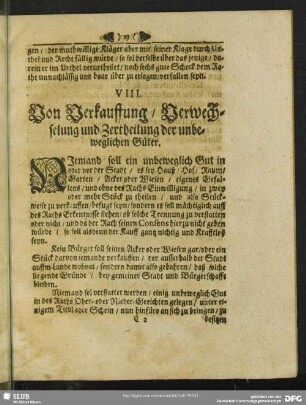 VIII. Von Verkauffung, Verwechselung und Zertheilung der unbeweglichen Güter