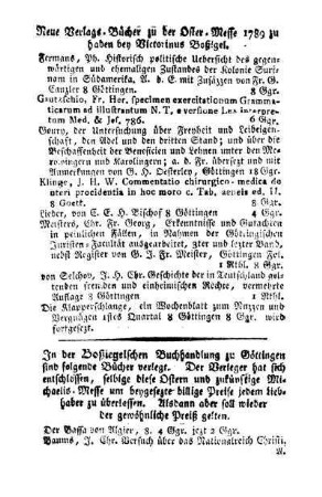 Neue Verlags-Bücher zu der Oster-Messe 1789 zu haben bey Victorinus Boßiegel