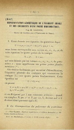 Représentation Géométriques de l'Invariant Absolu et des Covariants d'une Forme Biquadrattique.