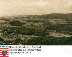 Neunkirchen im Odenwald, Neunkircher Höhe / Blick vom Kaiserturm nach Gadernheim, Melibokus (Malchen) und Felsberg