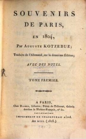 Souvenirs de Paris, en 1804 : avec des notes, 1