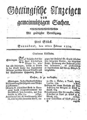 8tes Stück. Sonnabend, den 26ten Februar 1774.