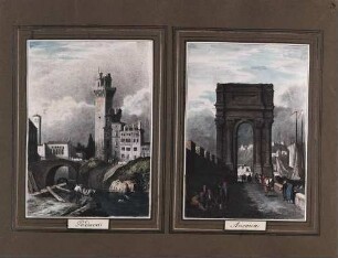 'Ancona', Triumphbogen; aquarellierte Lithographie 'Padova', Teilansicht; aquarellierte Lithographie