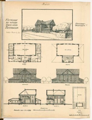Turn- und Festhalle in einer Kleinstadt Monatskonkurrenz März 1919: Lageplan 1:1000; Grundriss Erdgeschoss, Emporengeschoss, Aufriss Straßenansicht, Turnplatzansicht, Längsschnitt, Querschnitt 1:200; perspektivische Ansicht; 2 Maßstabsleisten