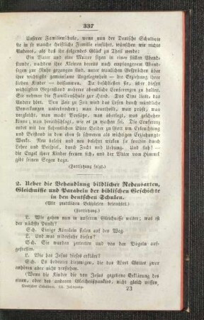 Ueber die Behandlung bildlicher Redensarten, Gleichnisse und Parabeln der biblischen Geschichte in den deutschen Schulen : (mit praktischen Beispielen beleuchtet) ; (Fortsetzung)