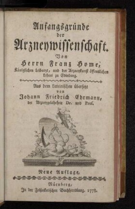 Anfangsgründe der Arzneywissenschaft