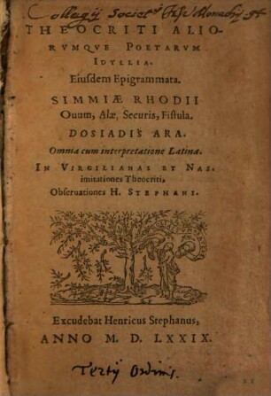 Idyllia Theocriti, Moschi, Bionis, Simiae