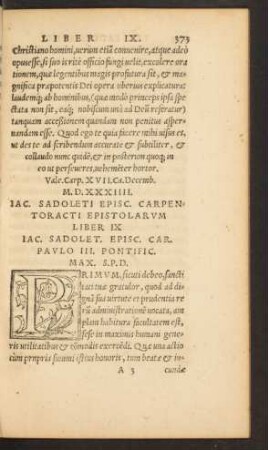 Iac. Sadoleti Episc. Carpentoracti Epistolarum Liber IX