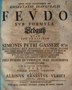 Dissertatio Inavgvralis De Fevdo Svb Formvla Erbguth
