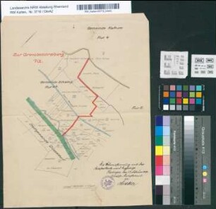 Gemeinde Eckamp. Flur 4R [zwischen Stadtgrenze Düsseldorf und Kalkum. Mit Einzeichnung der Parzellen und Angabe der Besitzer]. 1. - Zur Grenzbeschreibung 1a tlw. 17. Febr. 1930. Übereinstimmung der Grenzen mit der Katasterkarte bescheinigt Katasteramt Ratingen