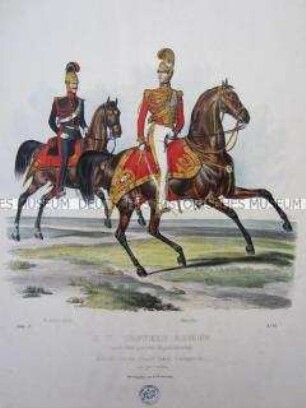 Uniformdarstellung, Reitknecht und Gardist der Lombardisch-Venetianischen Leibgarde in Parade-Uniform zu Pferd, Österreich, 1840. Tafel aus: Trentsensky: K.K. Oesterreichische Armée nach der neuen Adjustirung.