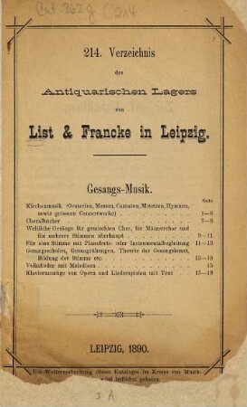 Lager-Verzeichnis. 214. 1890
