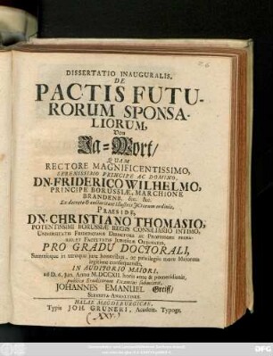 Dissertatio Inauguralis, De Pactis Futurorum Sponsaliorum, Von Ja-Wort