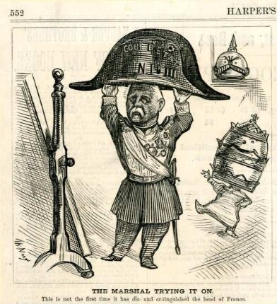 The Marshal trying it on. This is not the first time it has dis- and extinguished the head of France : Staatspräsident Mac Mahon versucht den Hut Napoleons III. aufzusetzen, der ihm viel zu groß ist