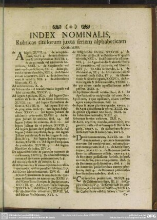 Index Nominalis, Rubricas titulorum iuxta seriem alphabeticam continens