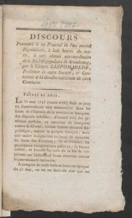Discours Prononcé le 12 Prairial de l'an second Républicain, à huit heures du matin, à une séance extraordinaire de la Société populaire de Strasbourg