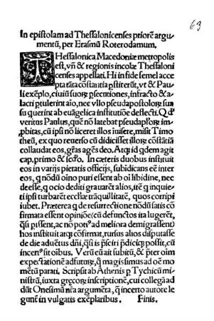 In epistolam ad Thessalonicenses priore[m] argumentu[m], per Erasmu[m] Roterodamum.