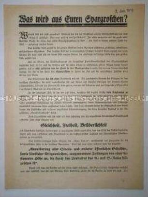 Propagandaflugblatt gegen die geplante Annullierung der Staatsschulden und Kriegsanleihen