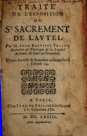 Traité de l'Exposition du St. Sacrement de l'Autel