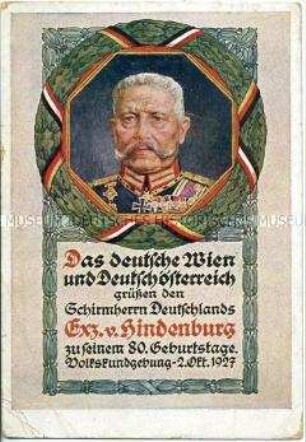 Postkarte der Deutsch-Österreicher zum 80. Geburtstag Hindenburgs