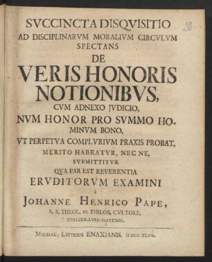 Svccincta Disqvisitio Ad Disciplinarvm Moralivm Circvlvm Spectans De Veris Honoris Notionibvs, Cum Adnexo Jvdicio, Nvm Honor Pro Svmmo Hominvm Bono ... Merito Habeatvr ... Svbmittitvr