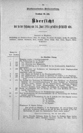 Übersicht der in der Sitzung gefaßten Beschlüsse u.s.w. (182.), 24. Juni 1914