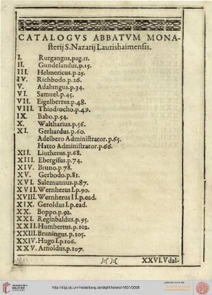 Catalogus Abbatum Monasterij S. Nazarij Laurishaimensis
