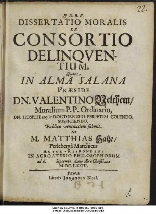 Dissertatio Moralis De Consortio Delinquentium