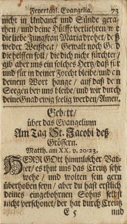 Gebett/ über das Evangelium Am Tag St. Jacobi deß Grössern.