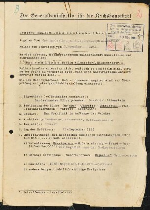Landestheater, Allenstein: Fragebogen für das Handbuch »Das Deutsche Theater«, erste Fassung, vierseitiges Dokument
