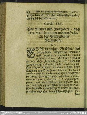 Caput XXV. Von Aertzen und Apotheckern, auch dero Medicamenten in denen Städten des Hertzogthums Magdeburg