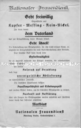Flugblatt des Nationalen Frauendienstes mit dem Aufruf, Haushaltsgegenstände aus Metall abzugeben