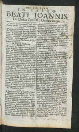 Die XIX. Julii. In Festo Beati Joannis De Dukla Confess. ...