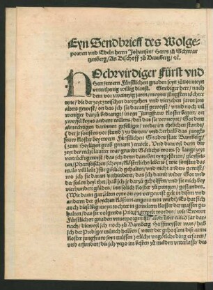 Eyn Sendbrieff des Wolgepornen und Edeln herrn Johansen/ Herrn zu Schwartzenberg/ An Bischoff zu Bamberg/ etc.