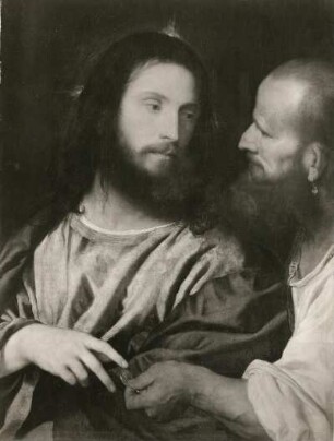 Vecellio, Tiziano gen. Tizian. Der Zinsgroschen. Ital. Pappelholz; 75 x 56 cm. Um 1508. Dresden: Staatliche Kunstsammlungen, Gemäldegalerie Alte Meister Kat. 1908 Nr. 169