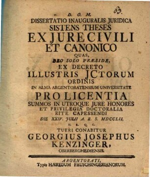 Dissertatio inauguralis juridica sistens theses ex jure civili et canonico