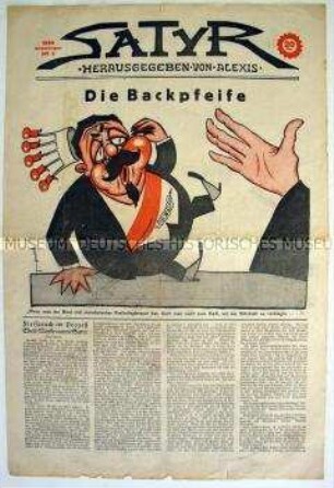 Titelblatt der Satirezeitung "Satyr" mit Texten und Karikaturen zum politischen Tagesgeschehen