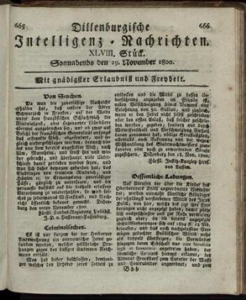 XLVIII. Stück. Sonnabends den 29. November 1800.