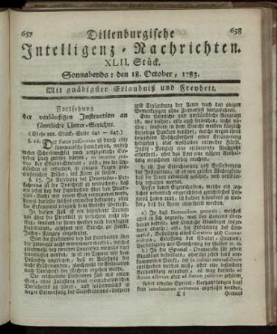 XLII. Stück. Sonnabends: den 18. October, 1783.