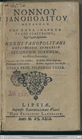 Nonni Panopolitani metaphrasis evangelii secundum Ioannem versibus heroicis