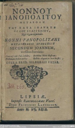 Nonni Panopolitani metaphrasis evangelii secundum Ioannem versibus heroicis